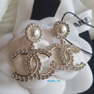 Chanel Large Pearl Crystal CC Dangle Earri…